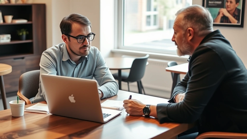 A founder at a coffee table with a laptop and notebook, having an intense conversation with a potential customer. Both leaning in, focused. Natural light, real office or café setting, captures authentic validation moment.