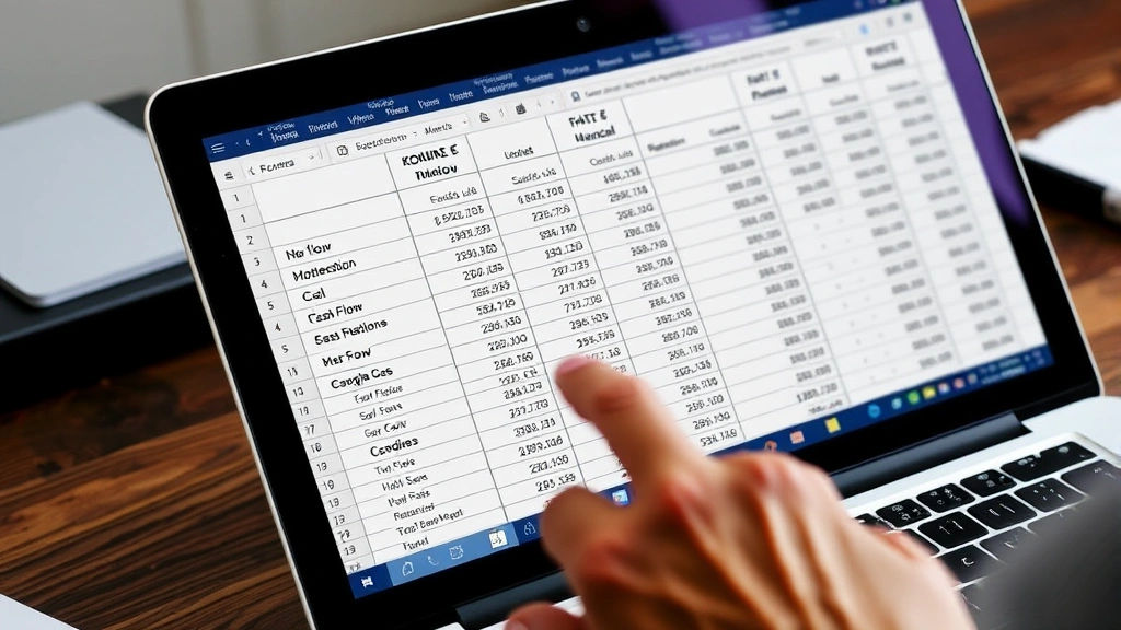 Close-up of a spreadsheet on a laptop screen showing financial metrics and cash flow projections. Founder's hands visible, pointing at numbers. Represents the unglamorous financial reality of early-stage business.