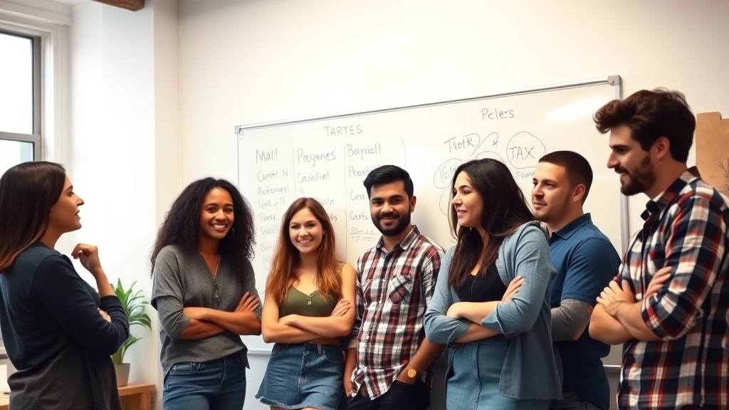 A small diverse team in a startup workspace—standing at a whiteboard, collaborating, looking energized but slightly exhausted. Captures the scrappy, lean team dynamic of early growth.