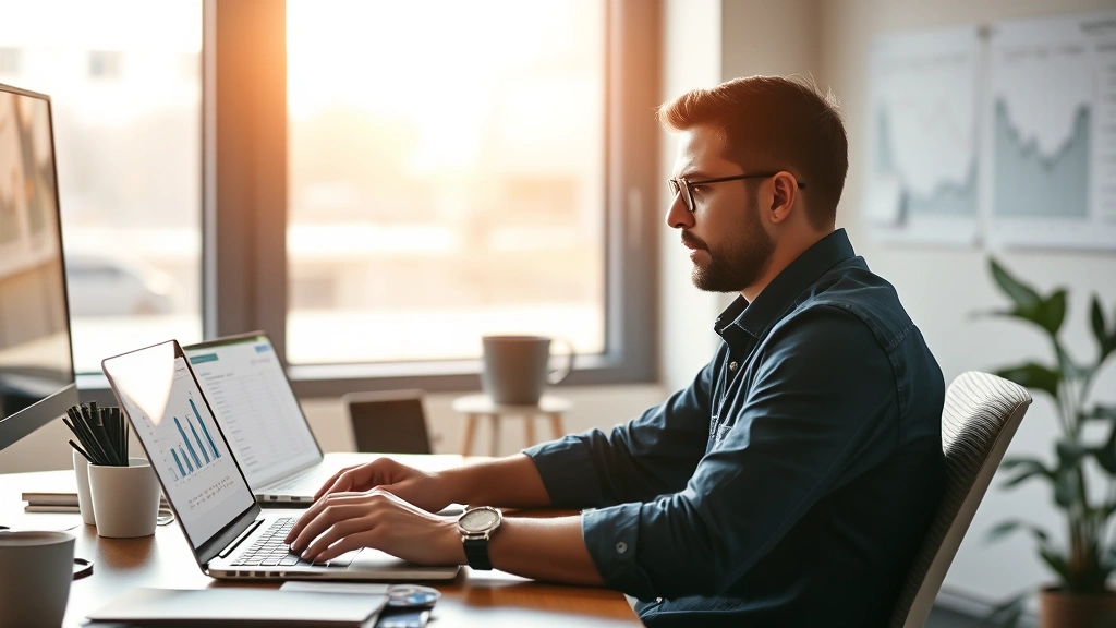 Founder sitting at desk with laptop, reviewing financial spreadsheet and business metrics, focused expression, morning light from window, modern startup office environment.