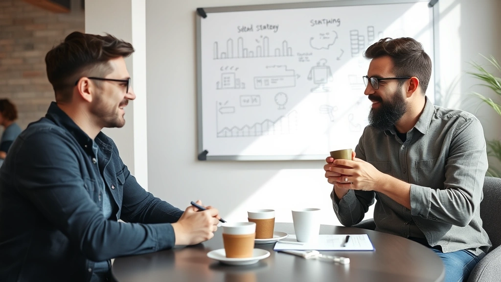 Two entrepreneurs in casual meeting, discussing strategy over coffee, whiteboard visible in background with startup sketches, collaborative energy, natural lighting.