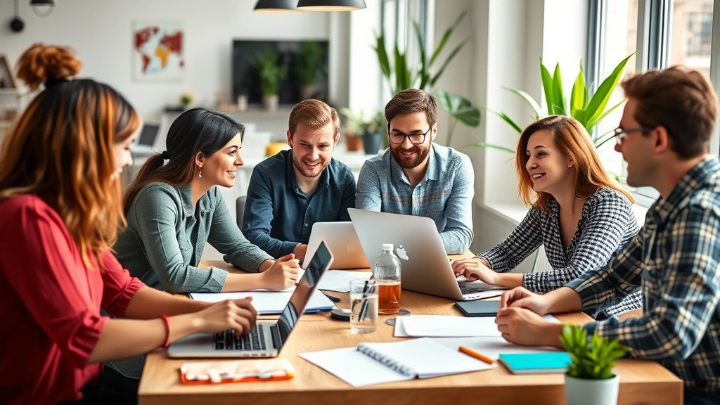 Diverse team members working together at table with laptops and notebooks, problem-solving discussion, energetic startup culture, bright workspace with plants.