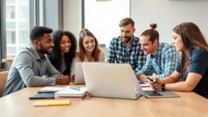 Diverse startup team collaborating around a modern office table with laptops and notebooks, natural lighting, focused and engaged expressions, professional casual environment