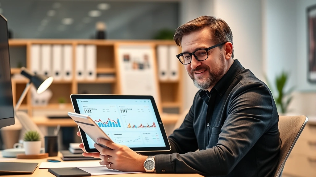 Founder reviewing digital dashboard on tablet showing business metrics and KPIs, sitting at desk with organized workspace, confident expression, clean modern office setting