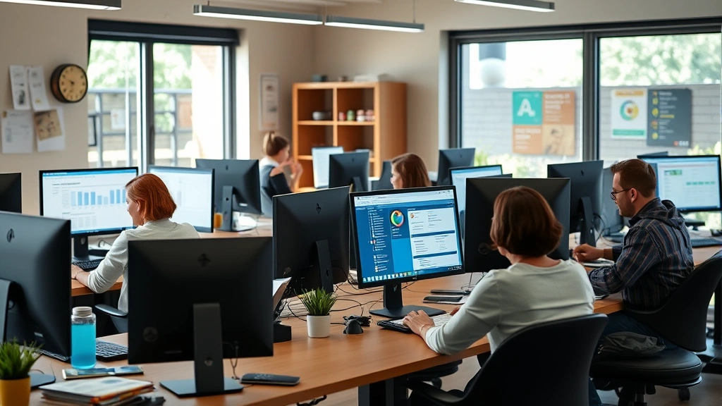 Team members working at individual desks with clear organization systems, multiple monitors, project management tools visible, collaborative but focused atmosphere, natural workspace