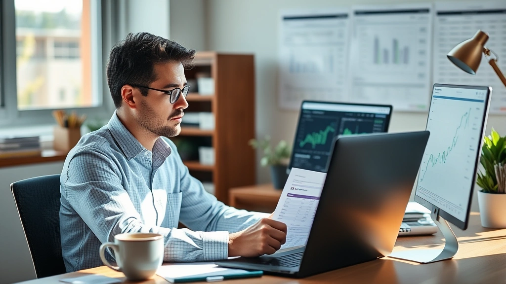 Founder at desk reviewing financial spreadsheets and data, looking focused and determined, natural office lighting, morning coffee nearby
