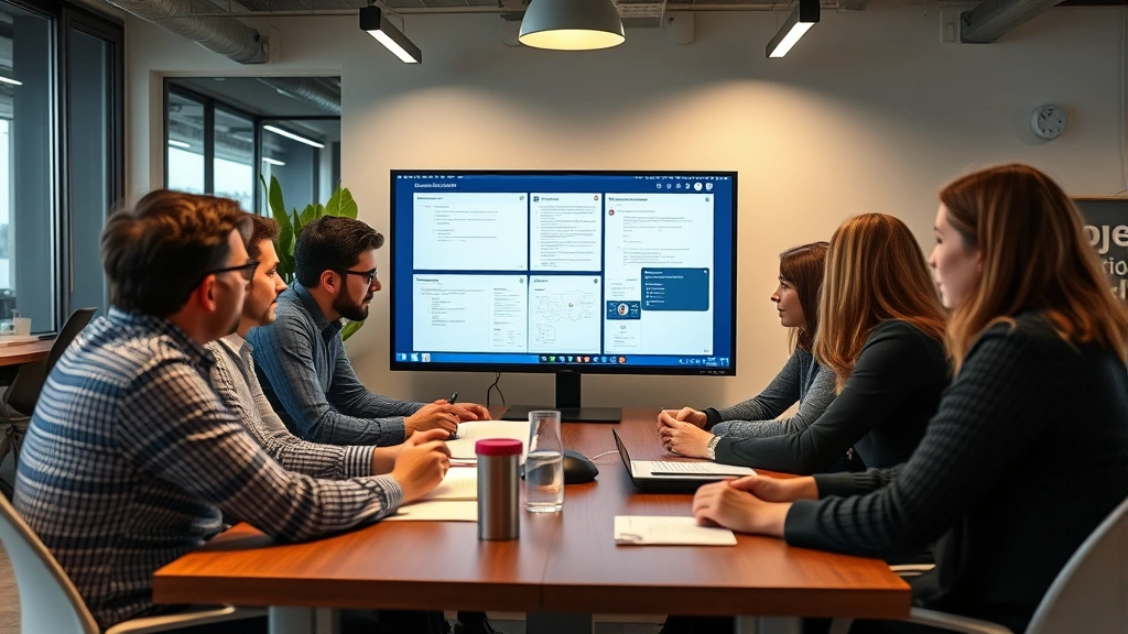 Diverse startup team in collaborative meeting, reviewing process documentation on large monitor, engaged discussion, modern workspace
