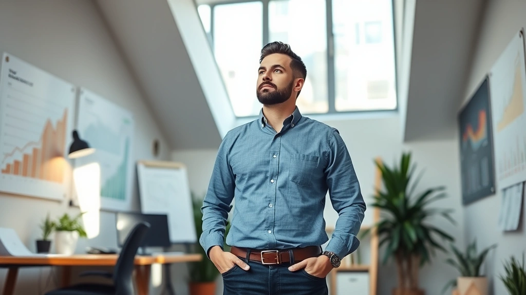 Entrepreneur standing confidently in their office space, surrounded by growth charts on walls, looking toward future, natural window lighting, thoughtful expression