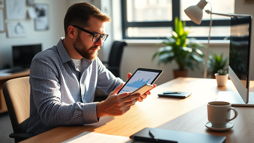 Founder reviewing financial metrics on tablet at startup office desk, morning light, focused expression, coffee cup nearby, minimalist workspace