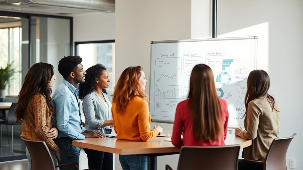 Team collaborating around whiteboard discussing growth strategy, diverse group, engaged energy, modern office environment, natural daylight
