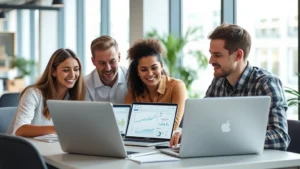 Diverse startup team reviewing financial dashboards and metrics on laptop screens in a modern office, focused and collaborative atmosphere, natural daylight