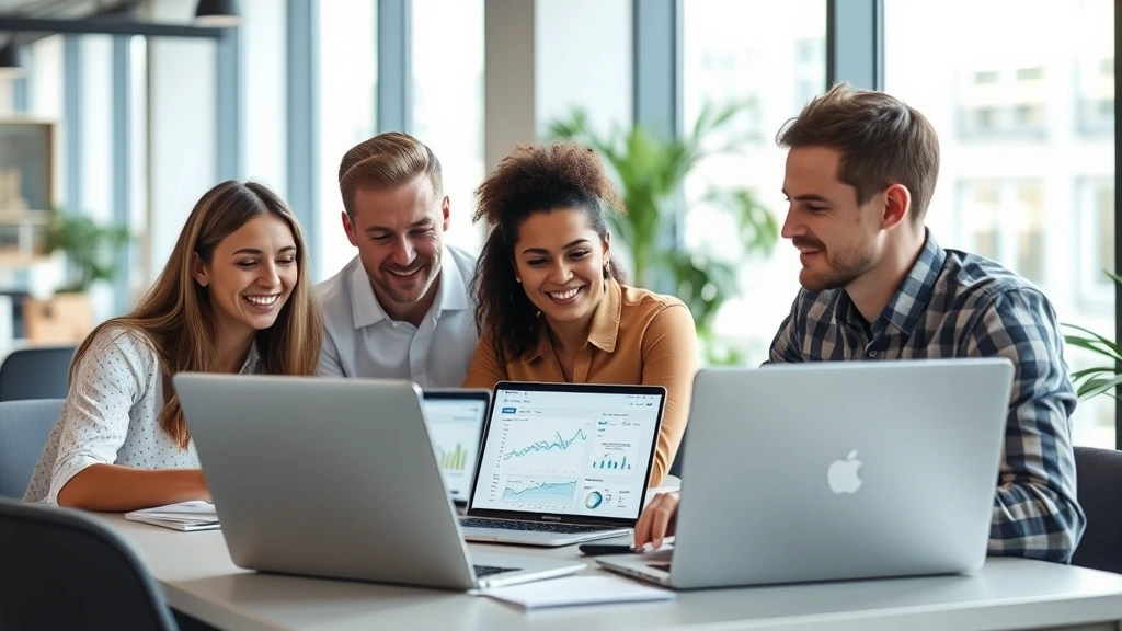 Diverse startup team reviewing financial dashboards and metrics on laptop screens in a modern office, focused and collaborative atmosphere, natural daylight