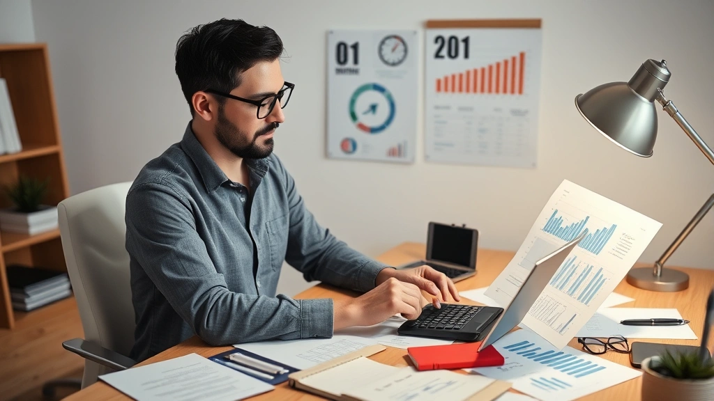 Founder working at desk surrounded by financial documents and calculator, analyzing business metrics with concentration, minimalist workspace