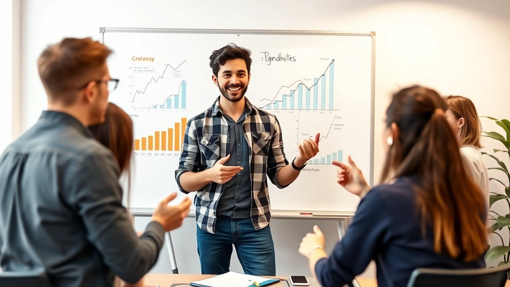 Young entrepreneur in casual clothing presenting growth charts and business strategy to small team in startup office, energetic discussion, whiteboard in background