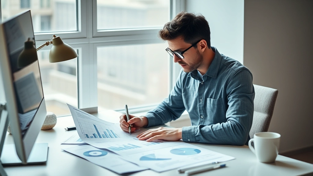 Founder working at desk reviewing financial spreadsheets and metrics on paper, natural daylight from window, focused expression, modern minimalist workspace with coffee cup nearby