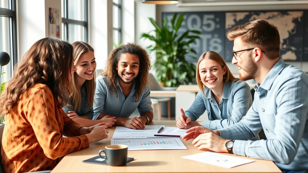 Diverse startup team of 4-5 people in casual collaboration, discussing strategy around a table, energetic engaged atmosphere, modern office environment with natural light