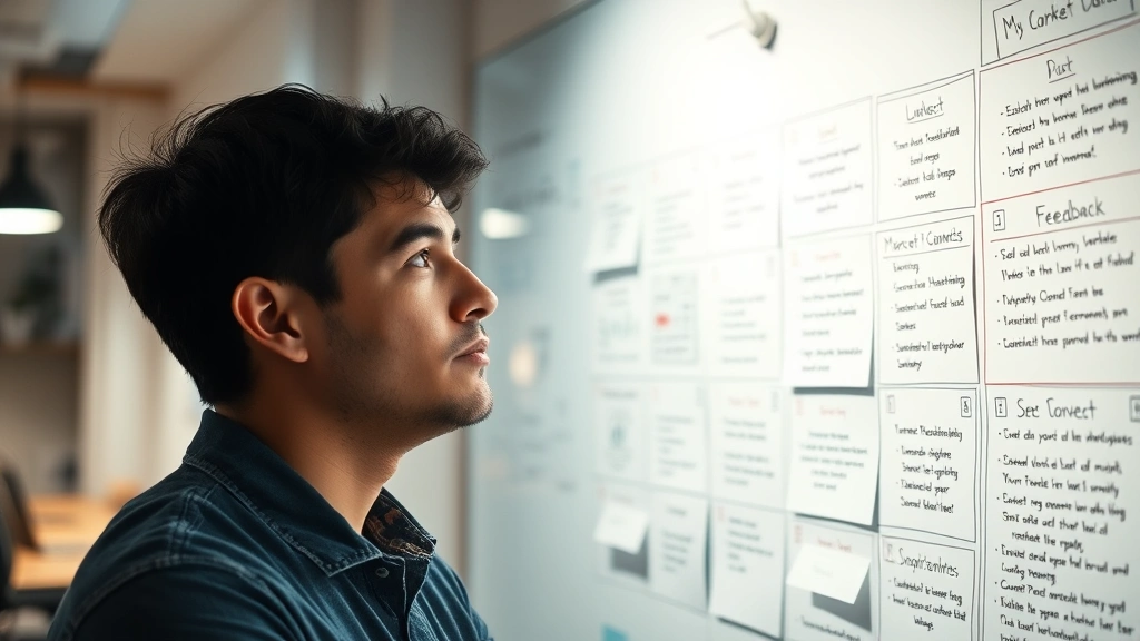 Young entrepreneur looking at market data and customer feedback notes on wall, thoughtful expression, startup office space with whiteboards and notes visible but no readable text