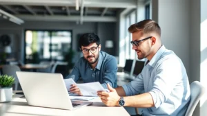 A founder sitting at a desk reviewing documentation with a team member, natural office lighting, both focused on laptop screen, collaborative atmosphere, modern startup workspace