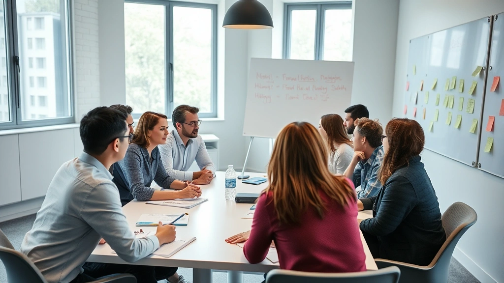 Team meeting around a table with whiteboards and sticky notes visible, people engaged in discussion, natural daylight from windows, diverse group, active collaboration