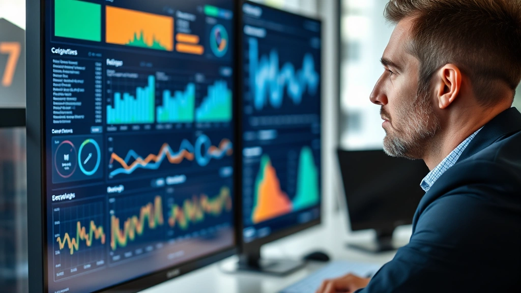 Professional looking at metrics on a large monitor, dashboard visible but not legible, focused expression, modern office setting, represents measurement and data-driven decision making