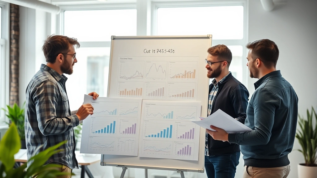 Team of three entrepreneurs in casual startup office reviewing printed financial charts and graphs on whiteboard, collaborative discussion, bright workspace