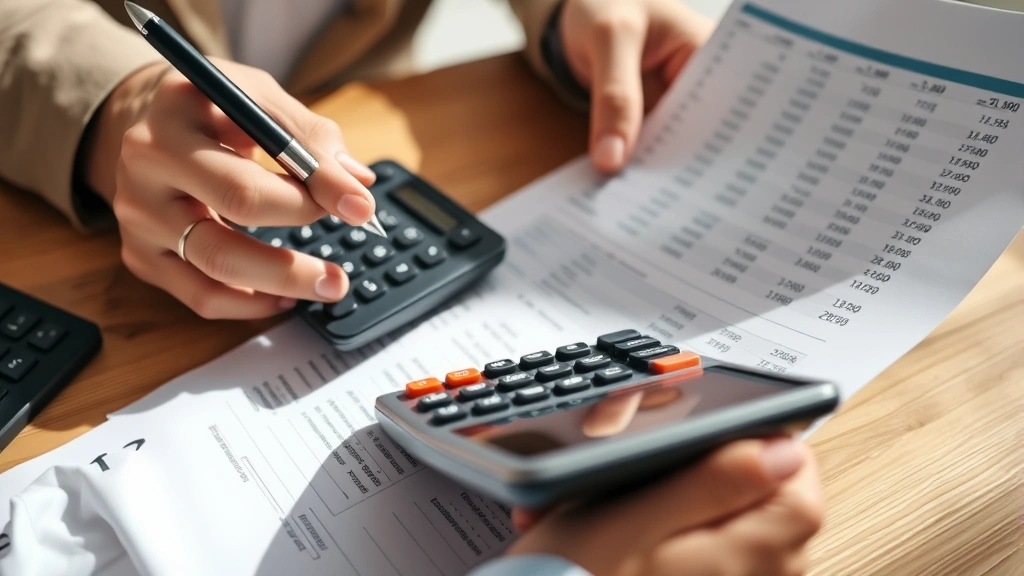 Close-up of hands holding printed financial statements and calculator, reviewing numbers with pen in hand, natural daylight on wooden desk surface