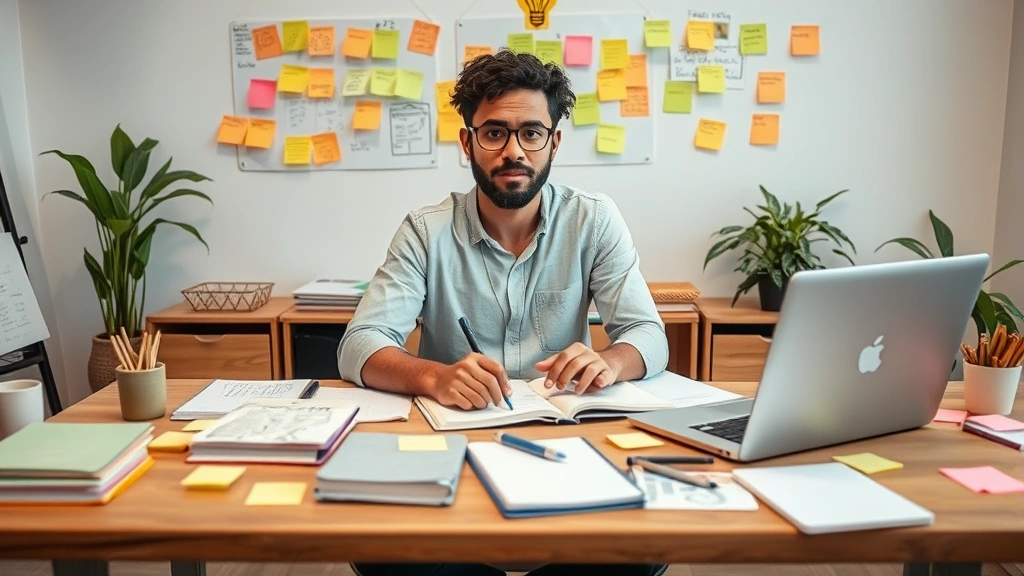 Diverse founder sitting at a desk covered with notebooks, sticky notes, and a laptop, looking thoughtful and determined while working on a startup idea