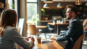 Founder sitting across from a customer in a coffee shop during an interview, both engaged in conversation, natural lighting, realistic business setting