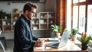 Founder working at standing desk with coffee, looking at laptop with determination and focus, natural light from window, modern startup office environment