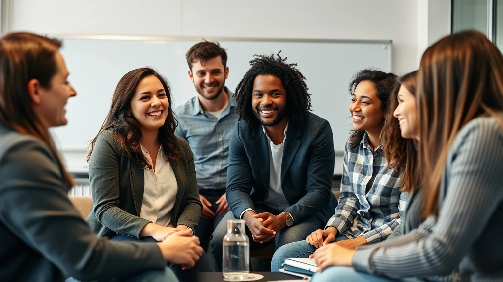Team of diverse professionals in casual meeting, collaborating and smiling, whiteboard visible in background, energetic but calm atmosphere