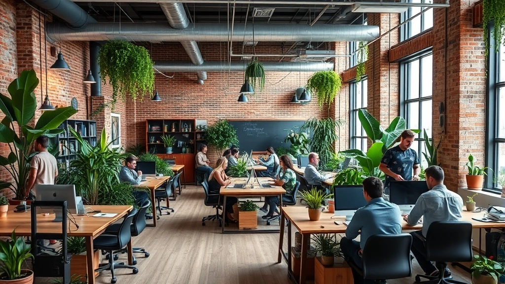 Mature startup office with exposed brick, plants, collaborative spaces, people working independently and together, sustainable and thoughtful design