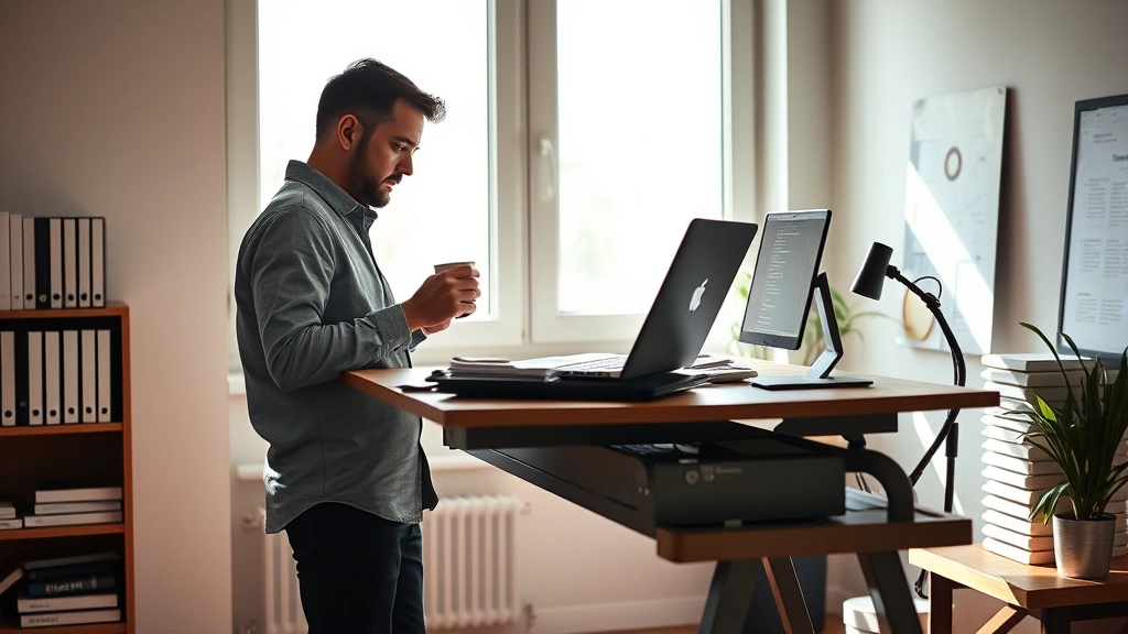 Founder working intently at a standing desk with coffee, natural sunlight from window, modern minimalist workspace, focused expression, no screens visible with data