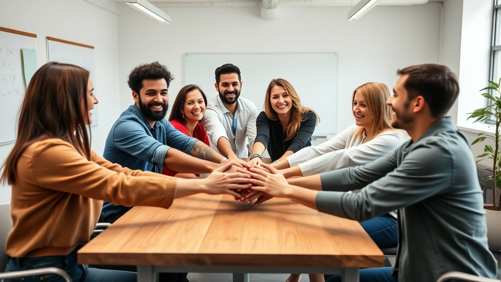 Diverse team collaborating around a wooden table in a bright startup office, hands together showing unity, genuine smiles, casual business attire, no whiteboards or visible text