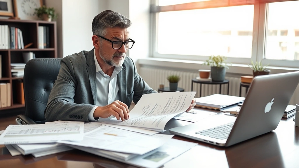 Founder reviewing financial documents and notes spread across desk, laptop closed nearby, thoughtful expression, natural office lighting, papers organized but not showing specific data