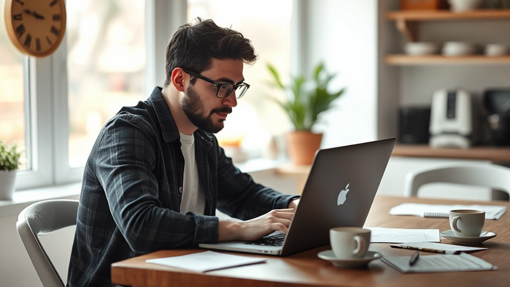 Founder working on laptop at kitchen table with coffee, natural daylight, focused expression, startup notes scattered nearby, photorealistic
