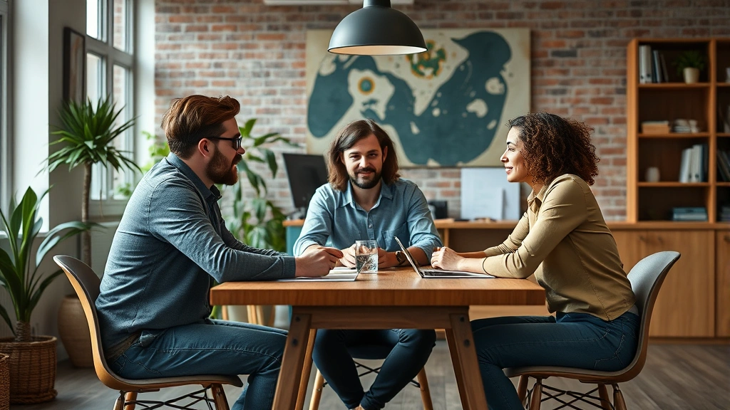Team of three people in casual workspace having a meeting, discussing around a simple wooden table, diverse group, genuine collaboration moment, photorealistic