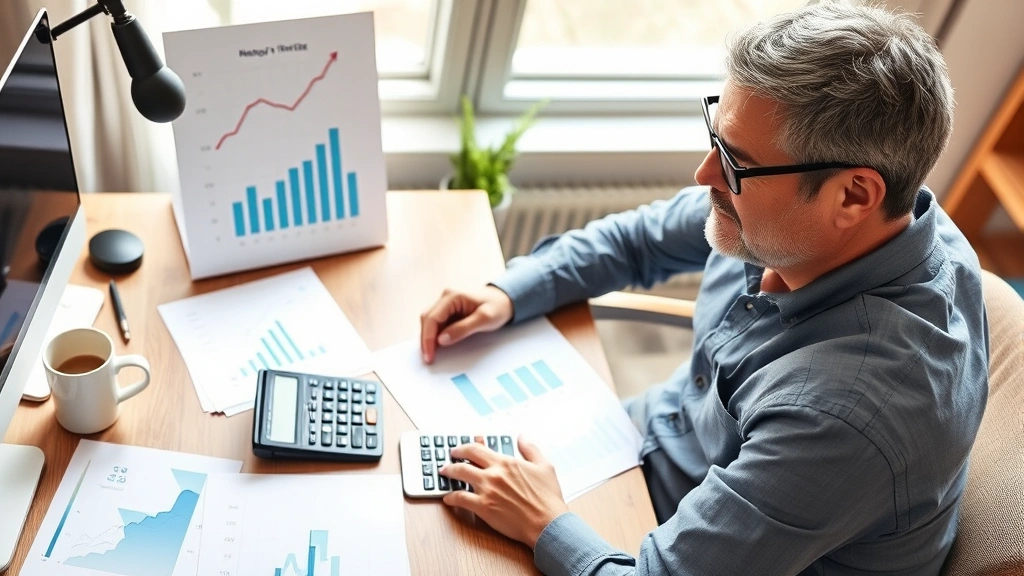 Founder reviewing financial metrics on a desk with calculator, papers, and coffee mug, morning light, thoughtful expression, no visible charts or data documents