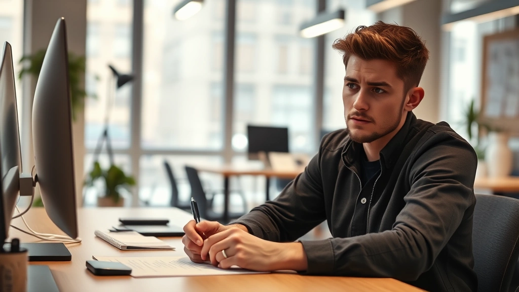 Young entrepreneur sitting at a desk in a startup office, tired but determined expression, holding a pen, early morning or late evening atmosphere, no visible screens or documents