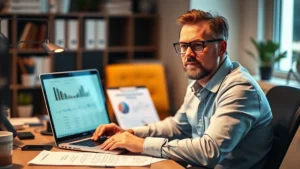 Founder sitting at desk with laptop and financial spreadsheets, focused and determined expression, warm office lighting, mid-morning atmosphere