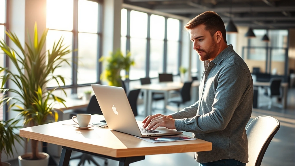 Founder working at a standing desk with laptop and coffee, morning light through large windows, focused expression, modern startup office space in background