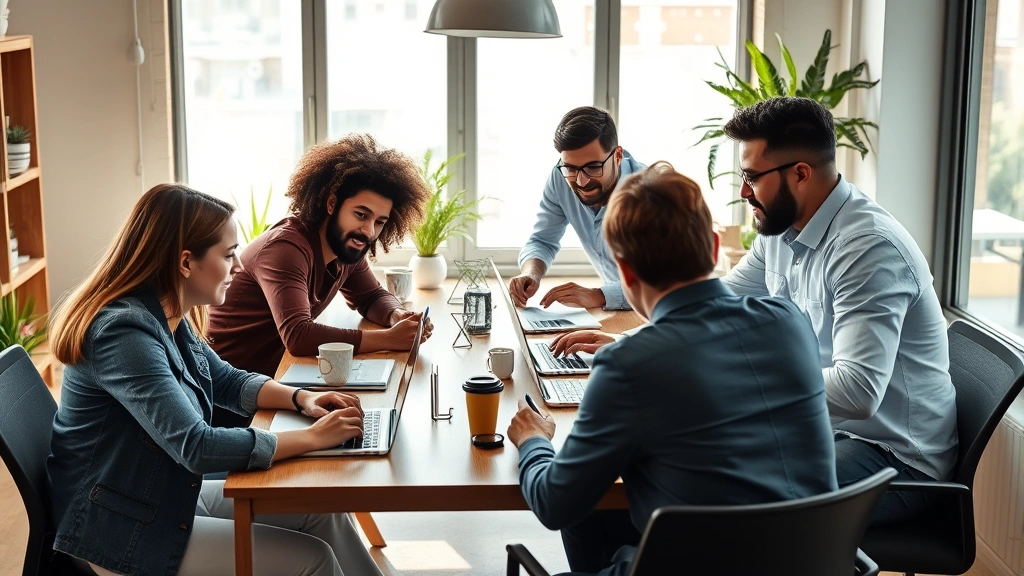 Team of diverse entrepreneurs having an intense working session around a table with notebooks and laptops, collaborative energy, natural lighting, real office environment