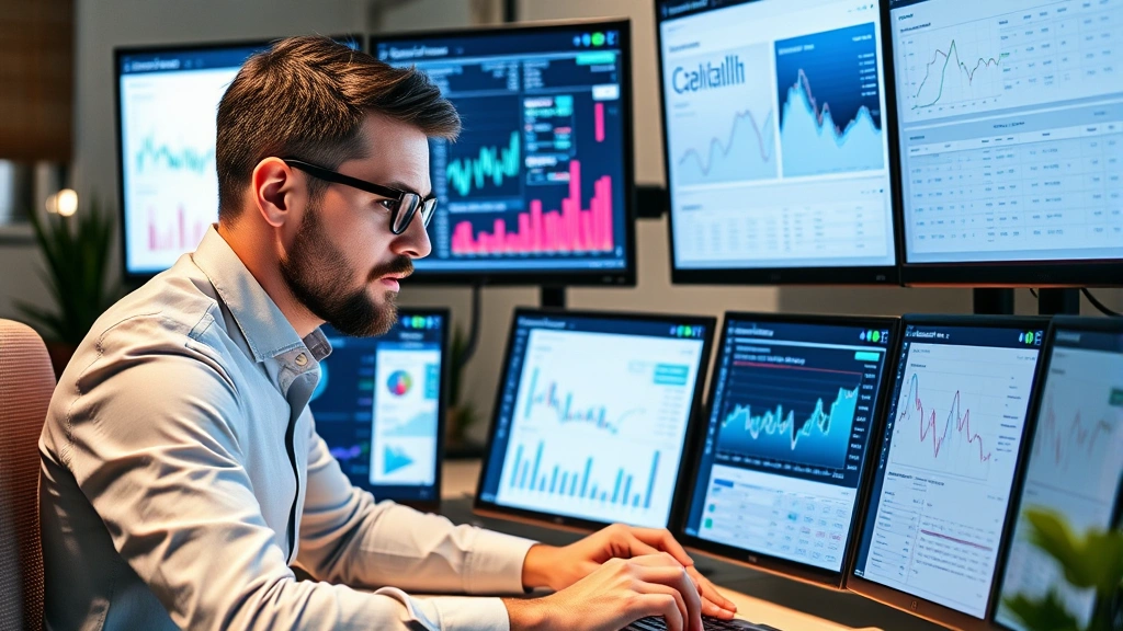 Founder reviewing financial dashboards and spreadsheets on multiple monitors, analyzing data with serious concentration, professional but authentic startup setting