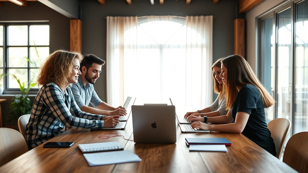 Diverse founding team collaborating around a wooden table with laptops and notebooks, natural daylight, genuine discussion energy, no screens visible