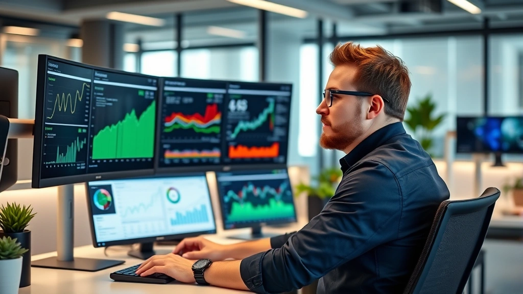 Founder reviewing financial dashboards on multiple monitors in a modern startup office, focused expression, clean desk workspace, realistic business setting