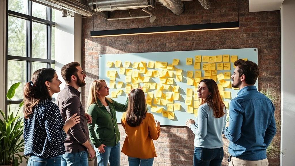 Team members brainstorming with sticky notes on a wall in a contemporary startup environment, creative energy, diverse group, natural lighting