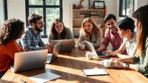 Diverse founding team collaborating around a wooden table with laptops, notepads, coffee cups. Bright natural light, candid conversation moment, genuine focus.