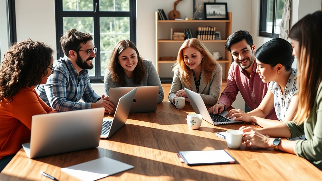 Diverse founding team collaborating around a wooden table with laptops, notepads, coffee cups. Bright natural light, candid conversation moment, genuine focus.