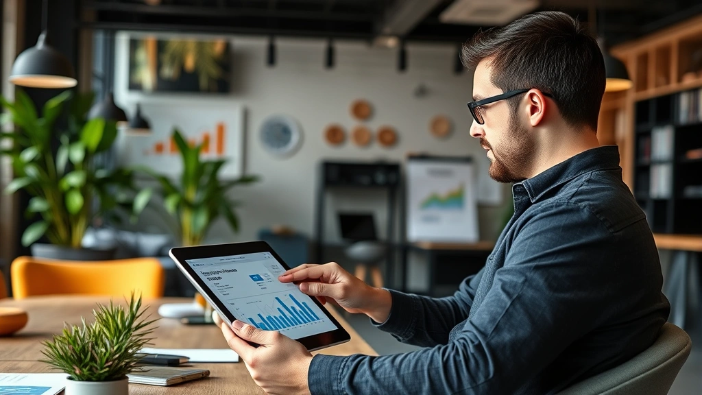 Entrepreneur reviewing financial dashboards and metrics on a tablet in a modern startup office. Charts, growth data visible but not prominent, natural workspace setting.