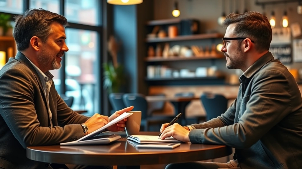 Founder conducting customer interview in a casual coffee shop setting. Two people engaged in genuine conversation, notebooks visible, warm lighting, authentic business moment.