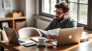 Founder sitting at a desk with coffee, laptop, and notebook, thoughtfully reviewing customer interview notes and feedback, natural daylight from window, focused expression, startup workspace
